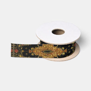 Falln Black and Gold Floral Satin Ribbon