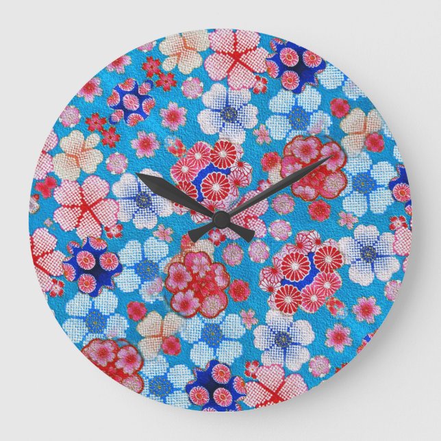 Falln Blue Cascading Floral Chirimen Large Clock (Front)