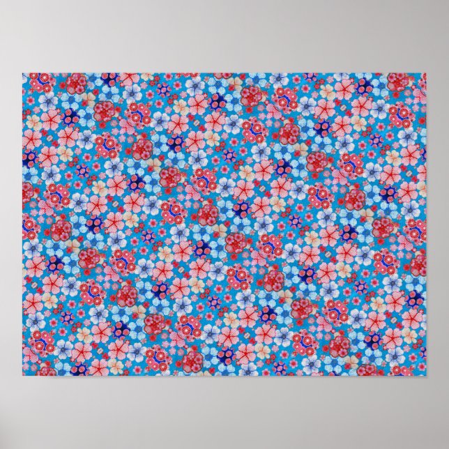 Falln Blue Cascading Floral Chirimen Poster (Front)