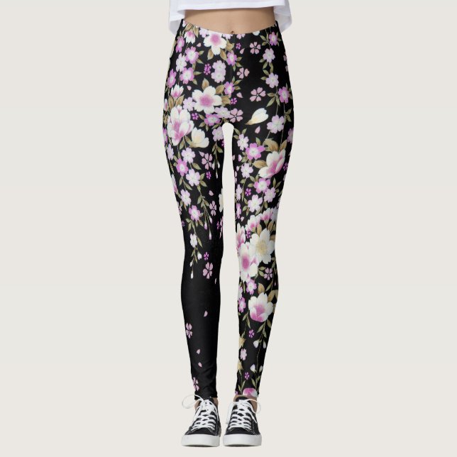 Falln Cascading Pink Flowers Leggings (Front)