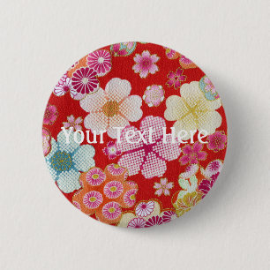 Falln Crimson Floral Chirimen 6 Cm Round Badge