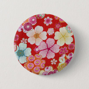 Falln Crimson Floral Chirimen 6 Cm Round Badge