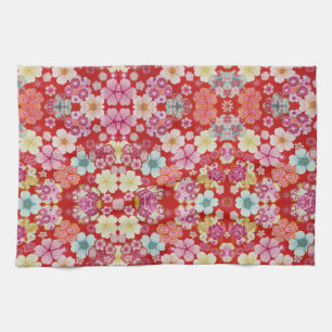 Falln Crimson Floral Chirimen Tea Towel