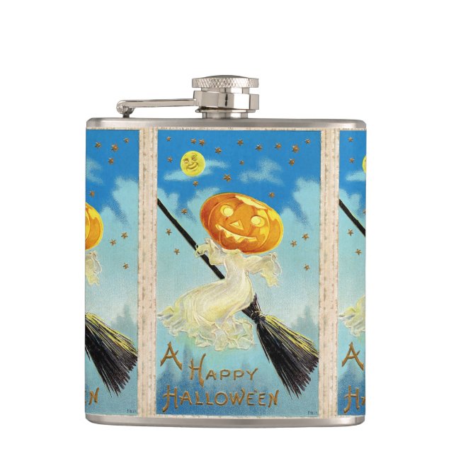Falln Happy Halloween Pumpkin Witch Hip Flask (Front)