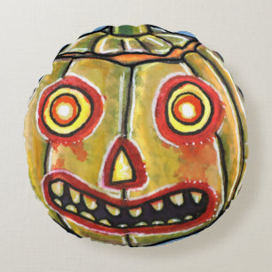 Falln Spooky Pumpkin Vintage Halloweenies Round Cushion