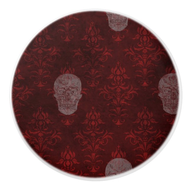 Falln Victorian Skulls Red Ceramic Knob (Front)