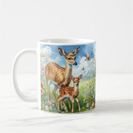 Fallow Deer Doe Fawn Standing in Wildflowers Mug