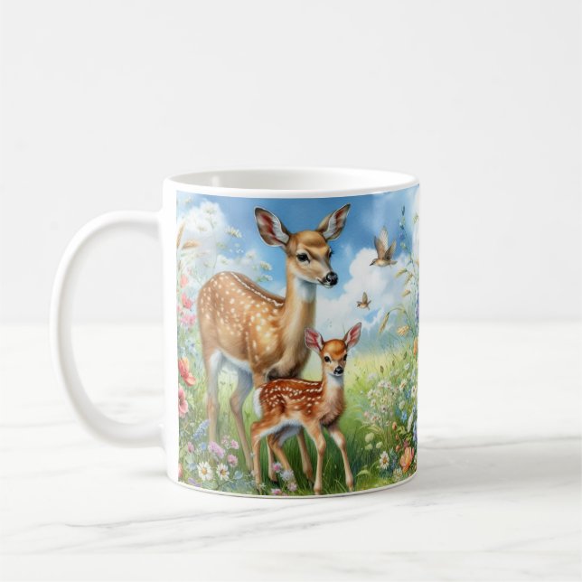 Fallow Deer Doe Fawn Standing in Wildflowers Mug (Left)