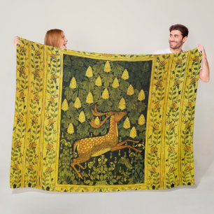 FALLOW DEER,FLOWERS CHESTNUT TREE Green Yellow Fleece Blanket