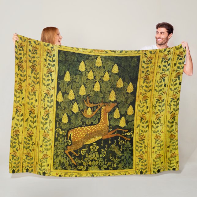 FALLOW DEER,FLOWERS CHESTNUT TREE Green Yellow Fleece Blanket (In Situ)