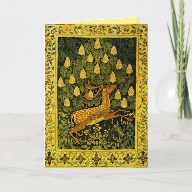 FALLOW DEER,FLOWERS CHESTNUT TREE Green Yellow Holiday Card (Front)