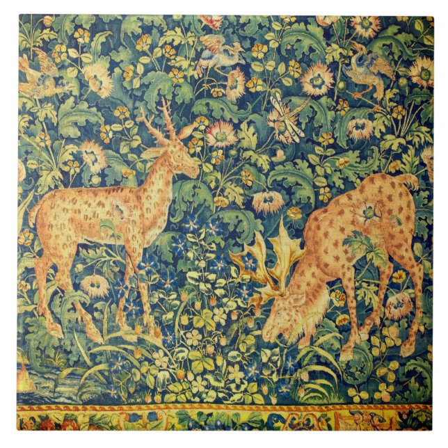 FALLOW DEER PAIR,GOTHIC FANTASY FLOWERS,Green Ceramic Tile (Front)