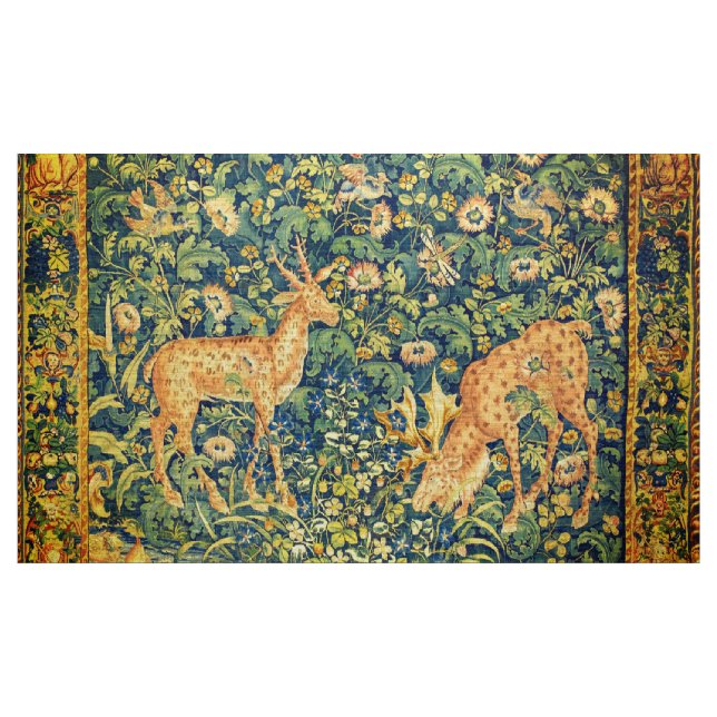 FALLOW DEER PAIR,GOTHIC FANTASY FLOWERS,Green Fabric (Yard)
