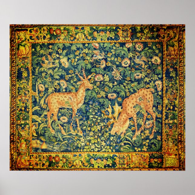 FALLOW DEER PAIR,GOTHIC FANTASY FLOWERS,Green Poster (Front)