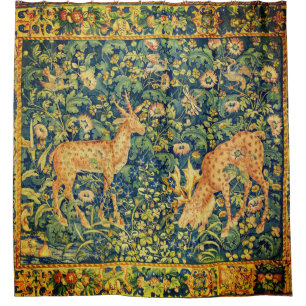 FALLOW DEER PAIR,GOTHIC FANTASY FLOWERS,Green Shower Curtain