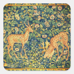 FALLOW DEER PAIR,GOTHIC FANTASY FLOWERS,Green Square Sticker