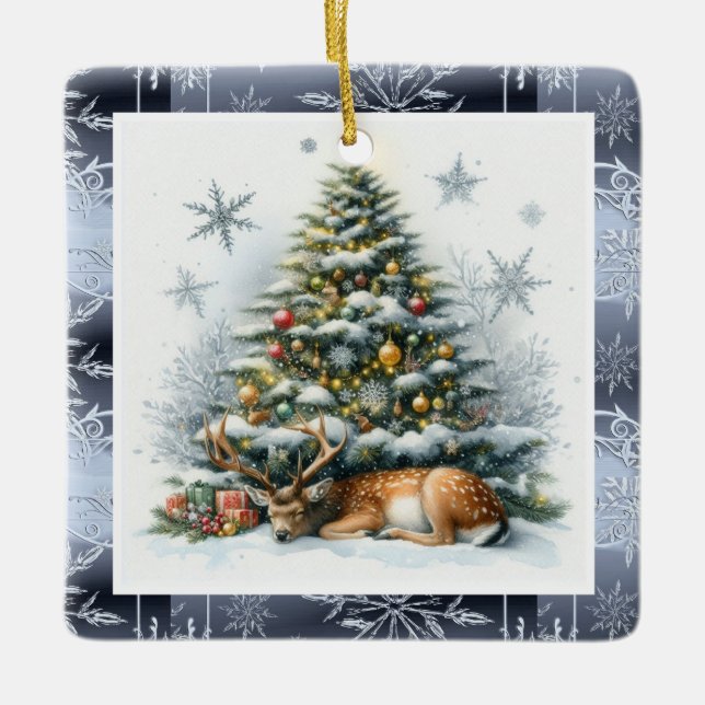Fallow Deer Sleeping Under Christmas Tree Holiday  Ceramic Ornament (Front)