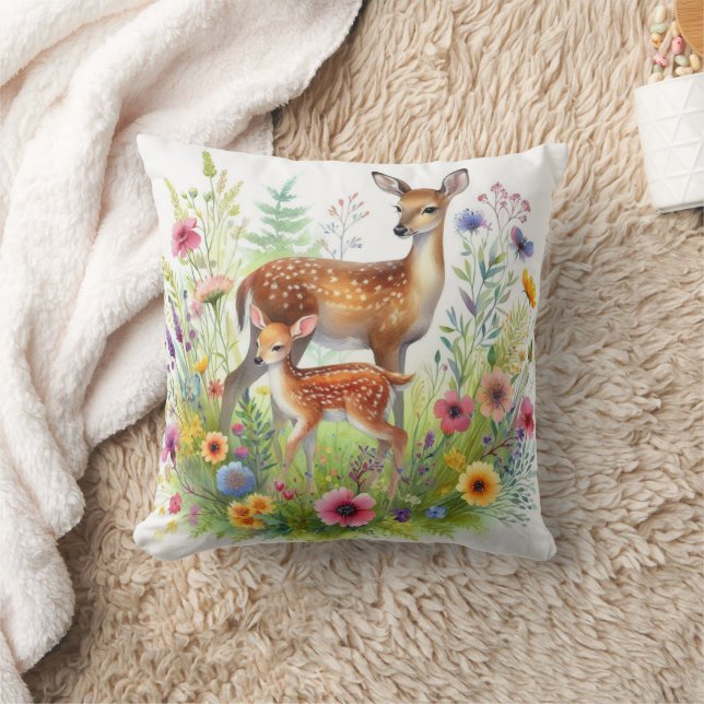 Fallow Doe Deer Fawn and Wildflowers  Cushion (Blanket)