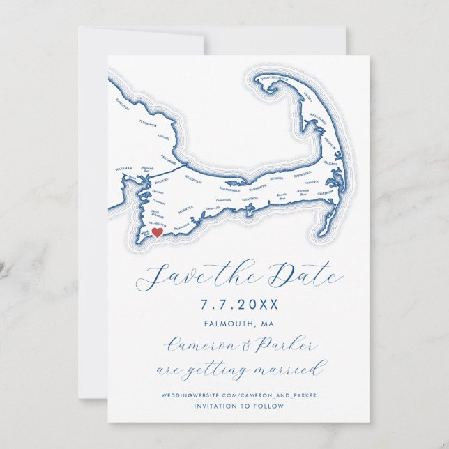 Falmouth MA Cape Cod Map Navy Blue Wedding Save The Date (Front)