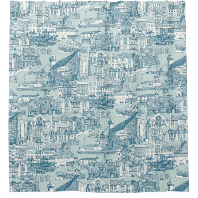 Falmouth toile peacock sea glass shower curtain (Front)