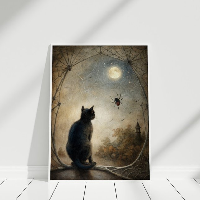 Familiar’s Watch – Black Cat & Magic Wall Print (Familiar’s Watch – Black Cat & Magic Wall Print in a white frame.)