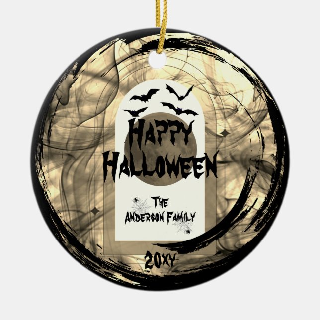 Familly Photo Keepsake Spooky Happy Halloween Ceramic Ornament (Front)