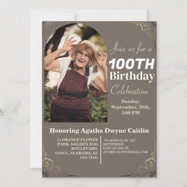 Family 100th Birthday Party Simple Elegant Photo  Invitation (Front)