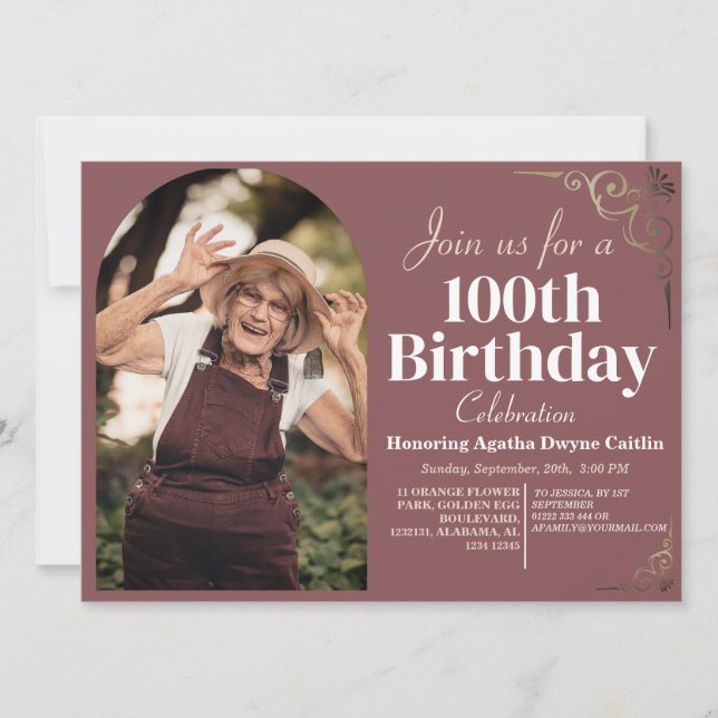 Family 100th Birthday Party Simple Elegant Photo  Invitation (Front)