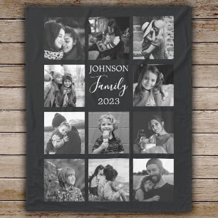 Family 11 Photo Collage Black Fleece Blanket