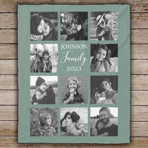 Family 11 Photo Collage Dusty Green Fleece Blanket