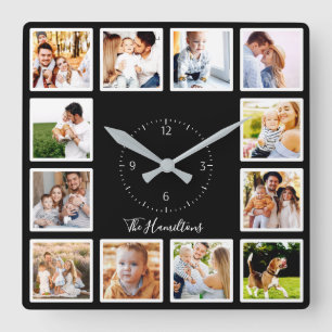 Family 12 Photos Collage Chic Black And White Square Wall Clock