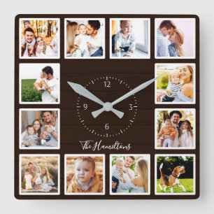 Family 12 Photos Collage Dark Brown Wood Square Wall Clock