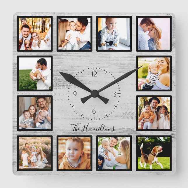 Family 12 Photos Collage Farmhouse Rustic Wood Square Wall Clock (Front)