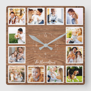 Family 12 Photos Collage Farmhouse Rustic Wood Square Wall Clock