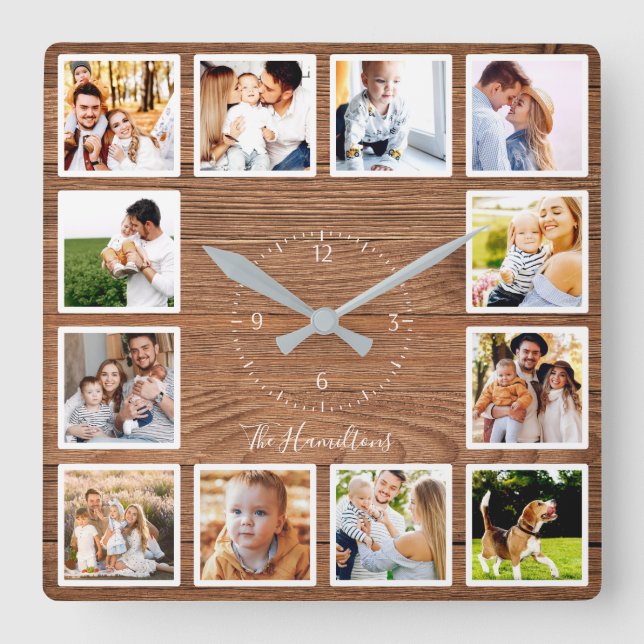 Family 12 Photos Collage Farmhouse Rustic Wood Square Wall Clock (Front)