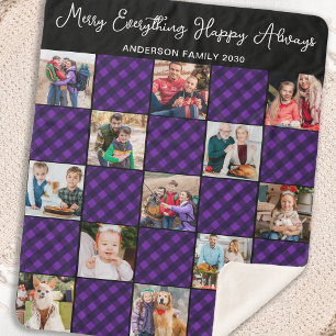 Family 13 Photo Collage Personalised Holiday Plaid Sherpa Blanket