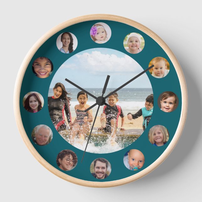 Family 13 Photo Collage Round  Clock (Front)