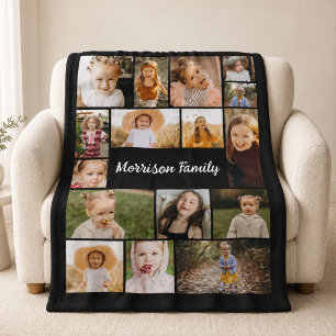 Family 16 Photo Collage Black Fleece Blanket
