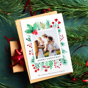 Family 1 Photo Hand Painted Watercolor Florals  Holiday Card