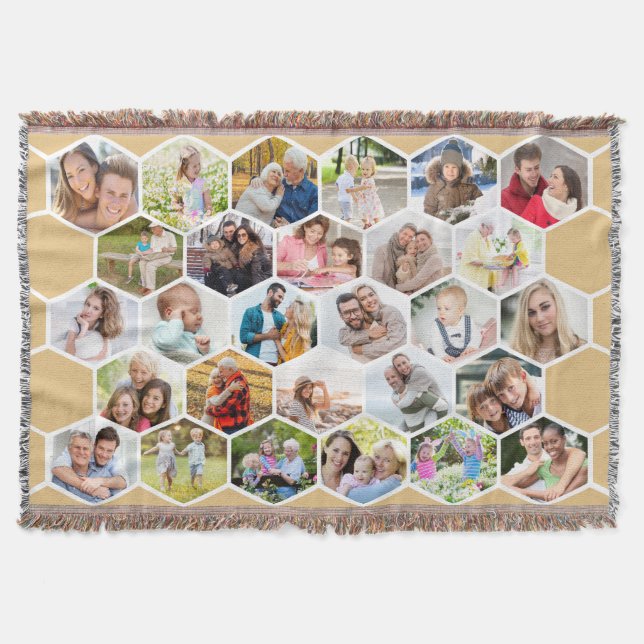 Family 28 Photo Collage Honey Beige Honeycomb Throw Blanket (Front)