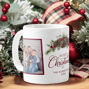 Family 2 Photo Christmas Pine Elegant Script Coffee Mug