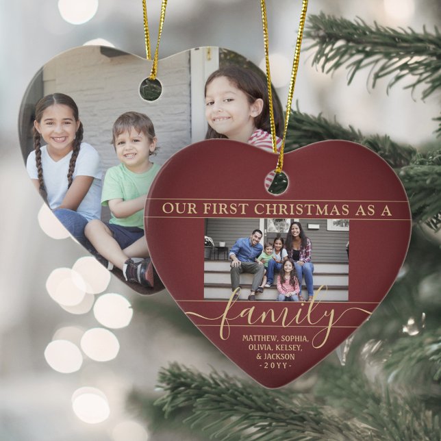 Family 2 Photo First Christmas Burgundy Red & Gold Ceramic Ornament (Creator Uploaded)