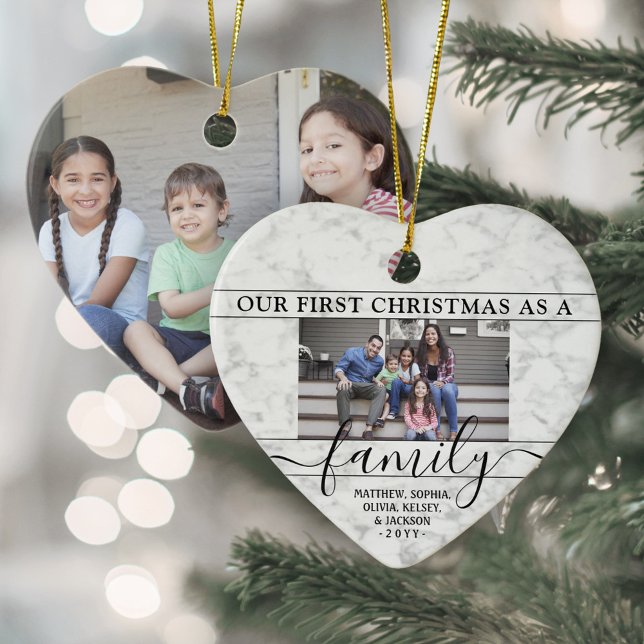Family 2 Photo First Christmas Faux Marble Heart Ceramic Ornament (Creator Uploaded)