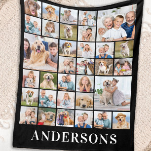 Family 33 Photo Collage Personalised Name Black Fleece Blanket