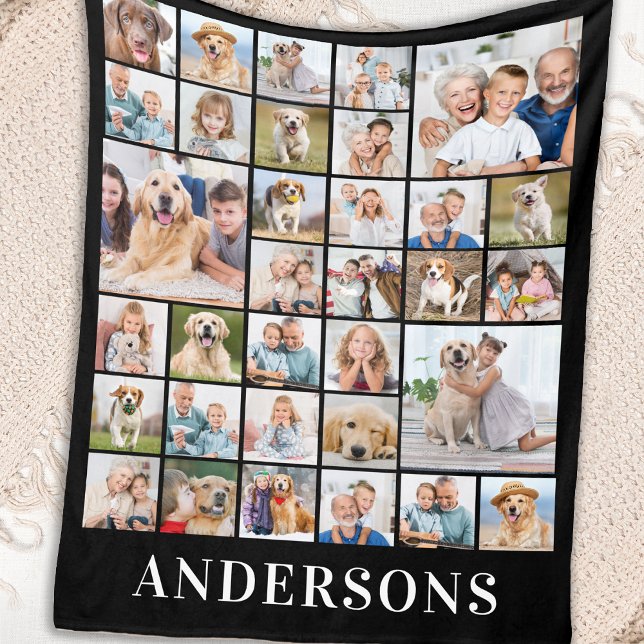 Family 33 Photo Collage Personalized Name Black Fleece Blanket (Creator Uploaded)