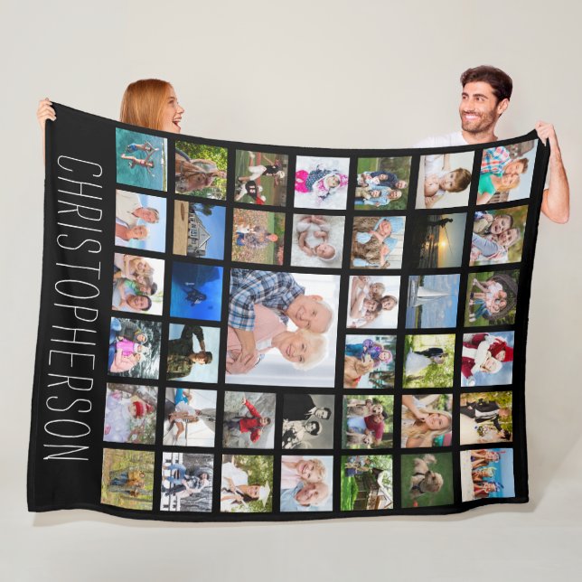 Family 39 Photo Collage Personalised Black Fleece Blanket (In Situ)
