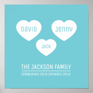 Family 3 hearts personalised timeline art poster