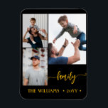 family 3 photo collage black gold script magnet<br><div class="desc">family 3 photo collage black gold script magnet</div>