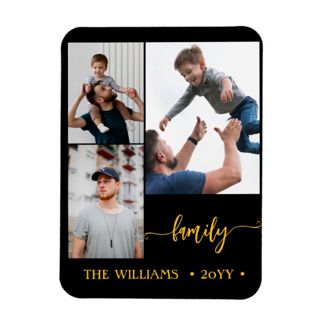 family 3 photo collage black gold script magnet (Vertical)