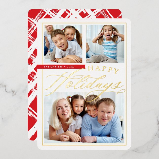 FAMILY 3 PHOTO cute calligraphy pretty script gold Foil Holiday Card (Front/Back)